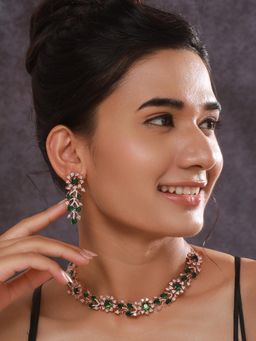 Aatmana - Rosegold-Plated And Green Ad-Studded Floral Jewellery Set