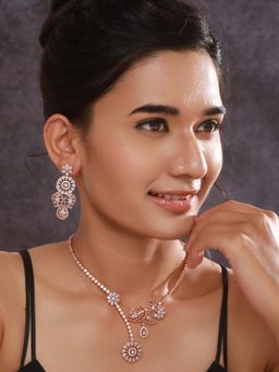 Aatmana - Rosegold Plated Ad Studded Minimal Floral Necklace With Earrings Set