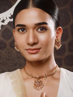Aatmana - 22K Gold Plated Ruby And Green Kemp Stone Studded Peacock Shaped Temple Jewellery Set