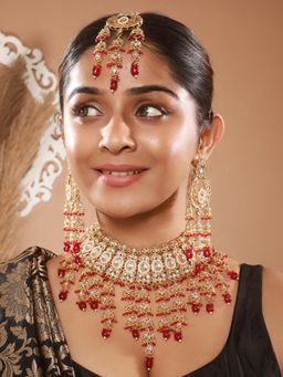 Aatmana - 18 K Gold-Plated Red And White Kundan Handcrafted Jewellery Set With Maangtikka