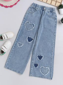 Hopscotch - Girls Blue Distress Embellished Loose Fit Jeans