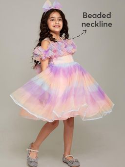 Hopscotch - Cold Shoulder Ruffles Party Dress with Bow Headband (Set of 3)