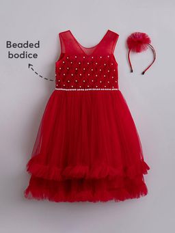 Hopscotch - Beads Embellished Tiered Party Dress with Crown Headband (Set of 3)