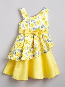 Hopscotch - Girls Yellow & White Floral Bow Applique Sleeveless Party Dress