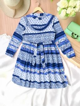 Bella Moda - Frilled Panel Printed Cotton Knee Length Dress with Belt (Set of 2)