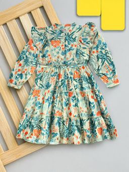 Bella Moda - Blue Puff Sleeves Cotton Printed Knee Length Dress & Belt (Set of 2)