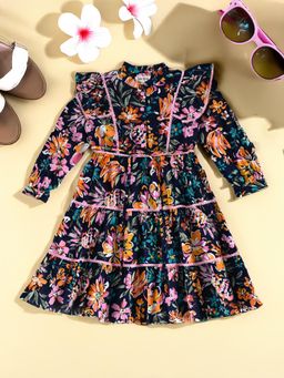 Bella Moda - Multi-Color Puff Sleeves Cotton Printed Knee Length Dress & Belt (Set of 2)