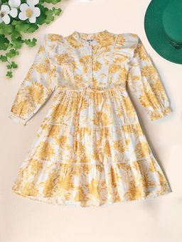 Bella Moda - Mustard Puff Sleeves Cotton Printed Knee Length Dress & Belt (Set of 2)