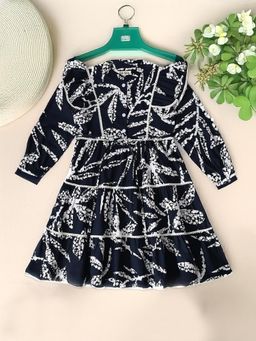 Bella Moda - Navy Blue Puff Sleeves Cotton Printed Knee Length Dress & Belt (Set of 2)
