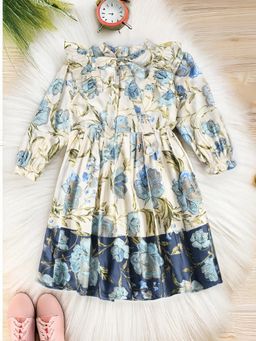 Bella Moda - Beige Front Bow Knott Printed Cotton Knee Length Dress