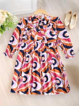 Bella Moda - Multi-Color Front Bow Knott Printed Cotton Knee Length Dress