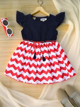 Bella Moda - Blue Cap Sleeves Schifflie Stripes Cotton Knee Length Dress