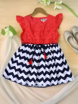 Bella Moda - Red Cap Sleeves Schifflie Stripes Cotton Knee Length Dress