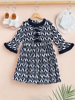 Bella Moda - Black Floral Printed Cotton Knee Length Dress