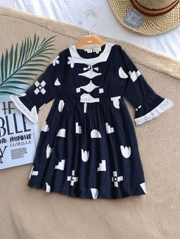 Bella Moda - Navy Blue Floral Printed Cotton Knee Length Dress
