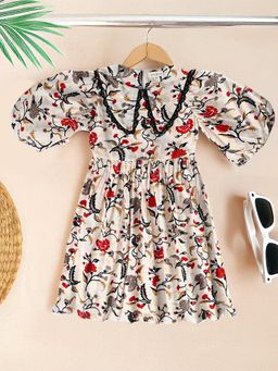 Bella Moda - Beige Balloon Sleeves Floral Cotton Knee Length Dress
