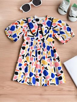 Bella Moda - Multi-Color Balloon Sleeves Printed Cotton Knee Length Dress