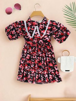 Bella Moda - Red Balloon Sleeves Floral Cotton Knee Length Dress