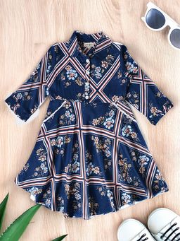 Bella Moda - Blue Collar Neck Pintex Printed Cotton Knee Length Dress