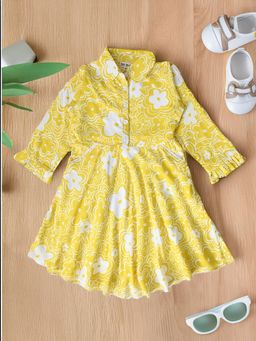 Bella Moda - Mustard Mandarin Collar Pintex Printed Cotton Knee Length Dress