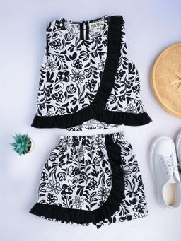 Bella Moda - Black Sleeveless Floral Printed Cotton Top with Shorts Co-Ord (Set of 2)