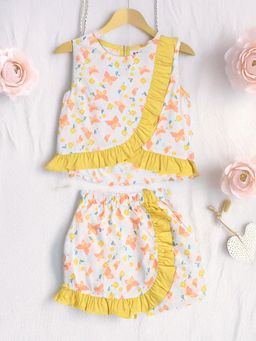 Bella Moda - Yellow Sleeveless Printed Cotton Top with Shorts Co-Ord (Set of 2)