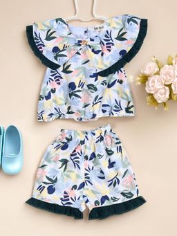 Bella Moda - Navy Blue Sleeveless Floral Printed Cotton Top & Shorts Co-Ord (Set of 2)