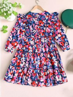 Bella Moda - Multi-Color Puff Sleeves Cotton Printed Knee Length Dress & Belt (Set of 2)