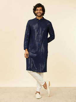Manyavar - Dark Blue Viscose Embroidery Work Kurta and Pyjama (Set of 2)