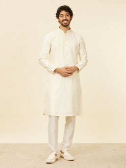 Manyavar - Cream Art Silk Embroidery Zari Weave Kurta and Pyjama (Set of 2)