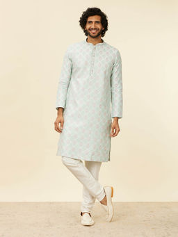 Manyavar - Light Blue Brocade Embroidery Jacquard Kurta and Pyjama (Set of 2)