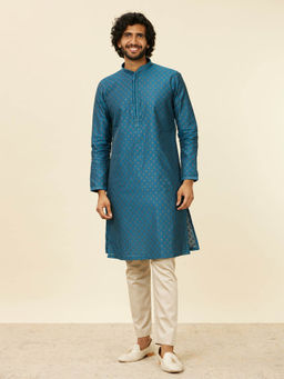 Manyavar - Teal Blue Chanderi Embroidery Zari Weave Kurta and Pyjama (Set of 2)