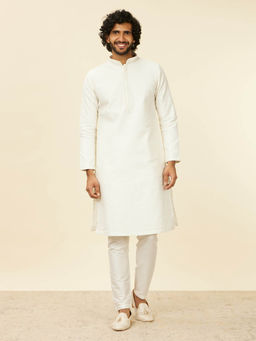 Manyavar - Warm White Blended Cotton Embroidery Zari Weave Kurta and Pyjama (Set of 2)