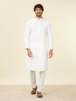 Manyavar - White Cotton Embroidery Jacquard Kurta and Pyjama (Set of 2)