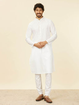 Manyavar - White Cotton Embroidery Zari Weave Kurta and Pyjama (Set of 2)