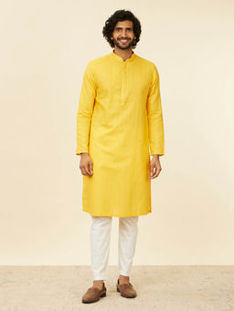 Manyavar - Yellow Cotton Embroidery Jacquard Kurta and Pyjama (Set of 2)