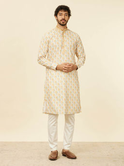 Manyavar - Beige Blended Cotton Printed Embroidery Zari Kurta and Pyjama (Set of 2)