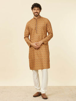 Manyavar - Mustard Blended Viscose Printed Embroidery Kurta and Churidar (Set of 2)