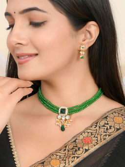 Silvermerc Designs - Green American Diamond Gold Plated Beads Jewellery Set