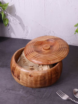 VarEesha - Hand Crafted Wooden Round Chapati Box with Spiral Carved Lid
