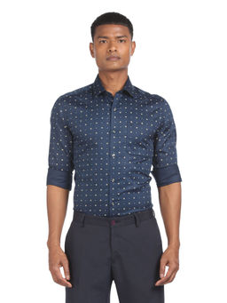 Arrow - Navy Blue Spread Collar Manhattan Slim Fit Printed Formal Shirt