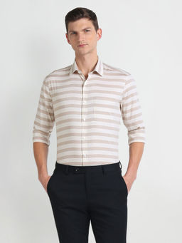 Arrow - Beige Horizontal Stripe Cotton Formal Shirt