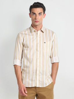 Arrow Sports - Beige Vertical Stripe Cotton Casual Shirt