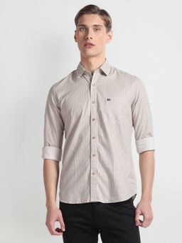 Arrow Sports - Beige Motif Print Herringbone Casual Shirt
