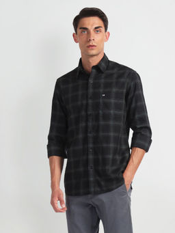 Arrow Sports - Black Tartan Check Twill Casual Shirt