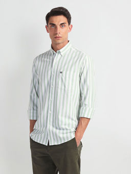 Arrow Sports - Green Vertical Stripe Slim Fit Casual Shirt