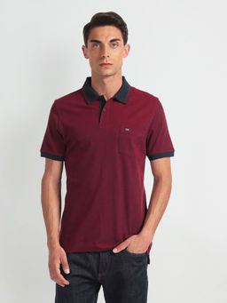 Arrow Sports - Red Patterned Collar Heathered Polo T-Shirt