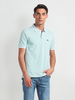 Arrow Sports - Green Striped Collar Solid Polo T-Shirt