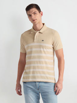 Arrow Sports - Beige Horizontal Stripe Pique Knit Polo T-Shirt