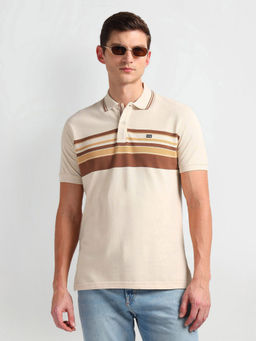 Arrow Sports - Beige Tipped Collar Horizontal Stripe Polo T-Shirt